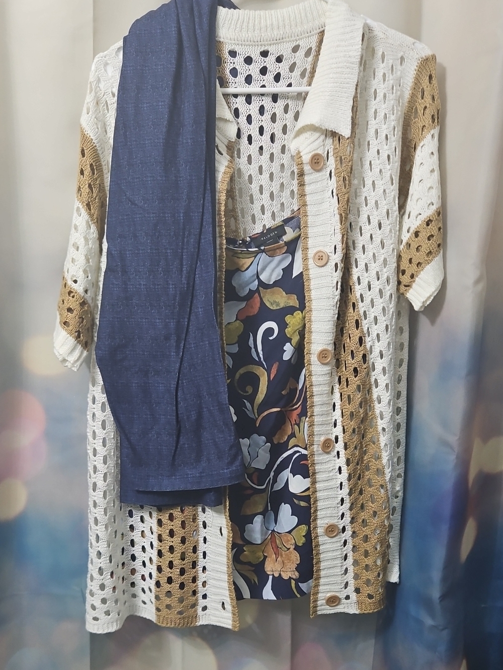 Halogen Navy Floral Print Top with White and Mustard Accents Sweater & Jeggings